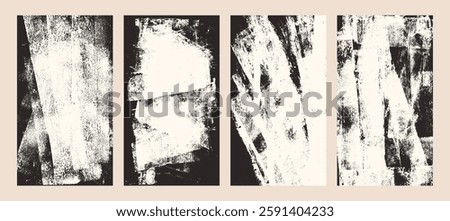 Grunge punk texture story post. Distressed urban street background. Paint rolled brayer print. Graphic ruined hand drawn abstract backdrop. Screen with linocut letterpress. Vector overlay set.
