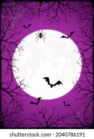 Fondo morado con árboles de hormigas de la luna de Halloween. Tarjeta con murciélagos y arañas negras en telaraña. La ilustración puede utilizarse para el diseño de vacaciones para niños, decoraciones, tarjetas, pancartas