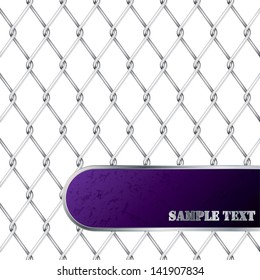 Grunge purple plate with text on wired fence