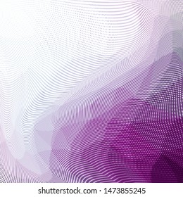 Grunge purple white halftone dots pattern texture background. Low poly design. Modern gradient monochrome dotted vector illustration. Abstract wavy lines. Triangular polygon backdrop
