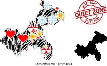 Grunge Quiet Zone stamp seal, and sunny population virus therapy collage map of Chongqing Municipality. Red round stamp seal has Quiet Zone caption inside circle.