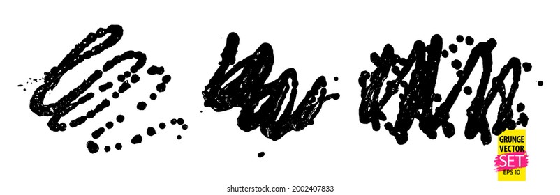 Grunge quirky scribbles set. Paint freehand strokes. Abstract ink lines. Quirky doodle shapes. Grungy creative overlays.