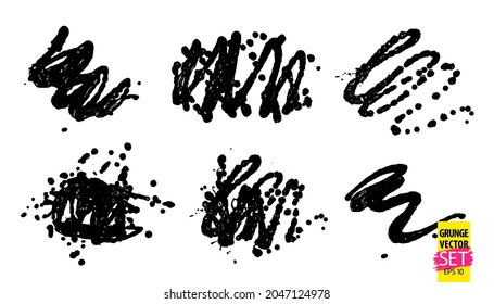 Grunge quirky scribbles set. Paint freehand strokes. Abstract ink lines. Quirky doodle shapes. Grungy creative overlays.