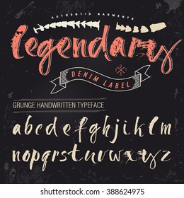 Grunge quote font and sample Legendary denim label design with decoration and ribbon.  Letters of the alphabet written with a brush.