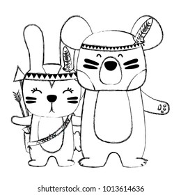 grunge rabbit and bear animals with feathers design