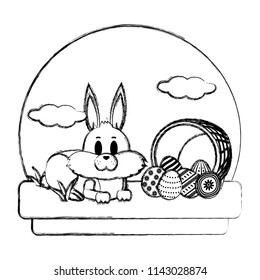 grunge rabbit lying and hamper with eggs easter