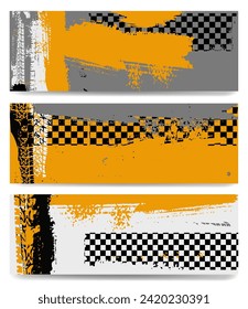 Banderas de carreras de Grunge, bandera de carreras de deportes con control vectorial con textura gruesa de neumático, fondo de competencia de rally de autos. Diseño de autodeporte de Motocross.