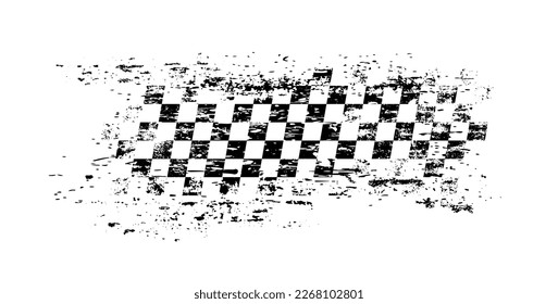 Grunge race flag, Isolated vector banner for motocross sports tournament, car rally competition. Checkered monochrome sport racing flag with checkerboard grungy texture, black and white background