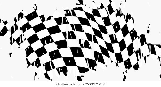 Grunge race flag, isolated vector monochrome banner for motocross sports tournament or car rally competition. Black and white checkered sport racing flag with checkerboard grungy texture