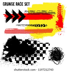 Grunge race set. Tire tracks vector illustration. Automotive elements useful for poster, print, flyer, leaflet design. Editable graphics in black, red, yellow colors isolated on a white background.