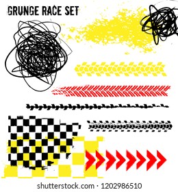 Grunge race set. Tire tracks vector illustration. Automotive elements useful for poster, print, flyer, leaflet design. Editable graphics in black, red, yellow colors isolated on a white background.