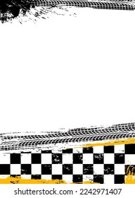 Grunge race sport flag background. Motorsport, car racing, motocross or rally competition grungy vector backdrop with automobile, motorcycle dirty tire traces and track finish checkered line or flag