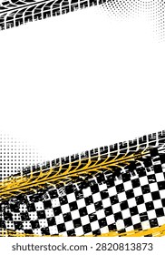 Grunge Racing Background with Checkered Flag, Tire Tracks, and Halftone Patterns for Poster Banner Design Template