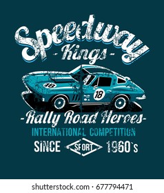 Grunge Racing Car on circuit ring race classic wear t-shirts print. 