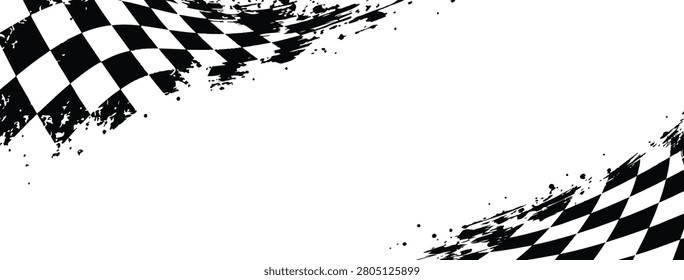 Grunge Racing Checkered Flag Waving Corner Vector Background with Ink Splatter