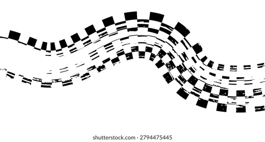Grunge racing flag pattern with a distressed texture in black and white. Tire track with diagonal checkered design for motorsport themes, banners, graphics overlays. Abstract vector illustration.	
