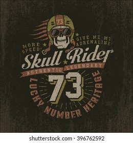 Grunge racing logo with a skull wearing a helmet and goggles. Vintage emblem with the number. Textures on separate layers and can be easily disabled.