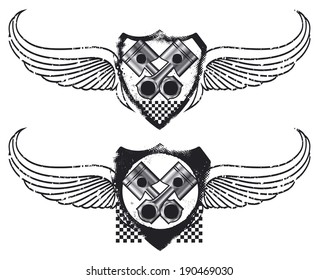 grunge racing shield with pistons and wings