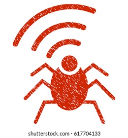 Grunge Radio Spy Bug icon with grunge design and unclean texture. Unclean vector red pictogram for rubber seal stamp imitations and watermarks. Draft emblem symbol.