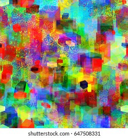 Grunge rainbow background from stains and 3d cubes. Seamless texture for fabric, wrapping, home decor. Watercolor effect