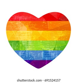 Grunge rainbow heart isolated on white background. Gay pride symbol. LGBT community symbol. Design element for Valentines cards or etc.