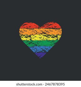 Grunge rainbow pride LGBT flag. Abstract hand drawn heart painted with brush strokes. Vector illustration isolated on black background.