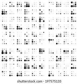Grunge random halftones background, black and white vector illustration