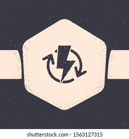 Grunge Recharging icon isolated on grey background. Electric energy sign. Monochrome vintage drawing. Vector Illustration