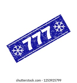 Grunge rectangle 777 stamp seal with snowflakes and lines. Vector 777 grunge stamp in winter style. Blue colored rectangle with grainy texture.