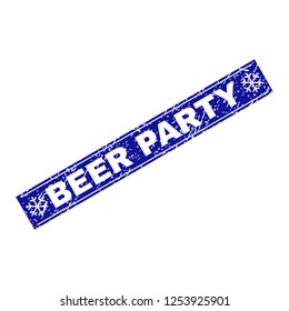 Grunge rectangle Beer Party stamp seal with snowflakes and lines. Vector Beer Party grunge stamp in winter style. Blue colored rectangle with draft texture.