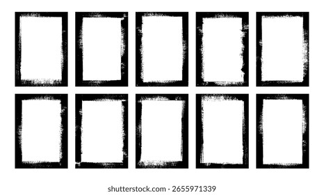 Grunge rectangle border set with dry brushstroke texture. Old rough edge photo frame collection. Isolated grunge style square frames with dusty, black brush stroke texture for overlay and design use