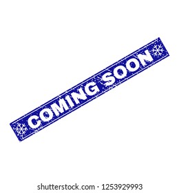 Grunge rectangle Coming Soon stamp seal with snowflakes and lines. Vector Coming Soon grunge stamp in winter style. Blue colored rectangle with draft style.