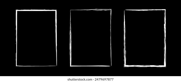 Grunge rectangle frame set. Different paint brushed border collection. Chalk or ink rectangular jagged stroke design elements for banner, poster, flyer, brochure, cover. Vector A4 carde