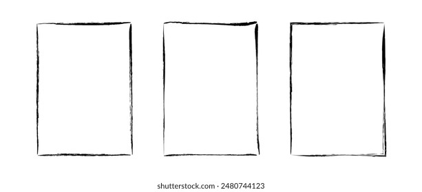 Grunge rectangle frame set. Different paint brushed border collection. Black chalk or ink rectangular uneven stroke design elements for banner, poster, flyer, brochure, cover. Vector A4 carde