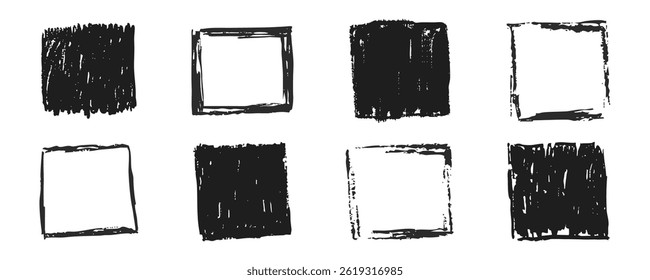 Grunge rectangle frames with textured edges, paint brush ink graffiti splatter and stencils border. Retro scribble abstract shape.
