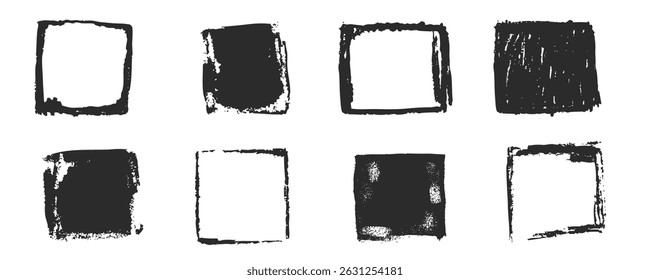Grunge rectangle frames with textured edges, paint brush ink graffiti splatter and stencils border. Retro scribble abstract shape.