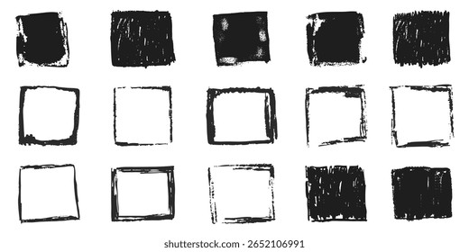 Grunge rectangle frames with textured edges, paint brush ink graffiti splatter and stencils border. Retro scribble abstract shape.