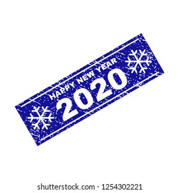 Grunge rectangle Happy New Year 2020 watermark with snowflakes and lines. Vector Happy New Year 2020 grunge stamp in winter style. Blue colored rectangle with scratced style.