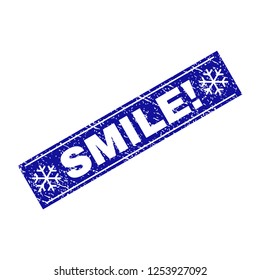 Grunge rectangle Smile! stamp seal with snowflakes and lines. Vector Smile! grunge stamp in winter style. Blue colored rectangle with grainy style.