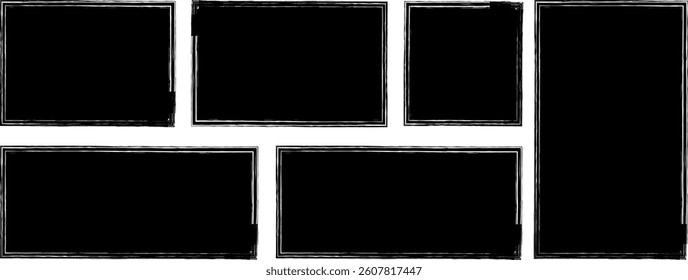 Grunge rectangle template backgrounds .Grunge textures, rectangular frame, and black dirty texture or Vector black painted squares pattern shape. Vector illustration isolated on white background.	
