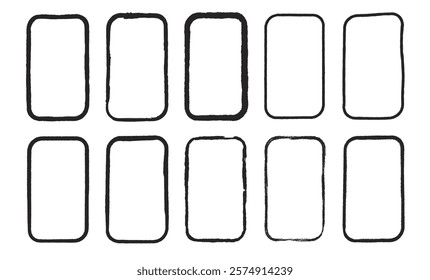 Grunge rectangles with round edges set. Box border square shapes modern black. Vector hand drawn collection illustration isolated on white background.
