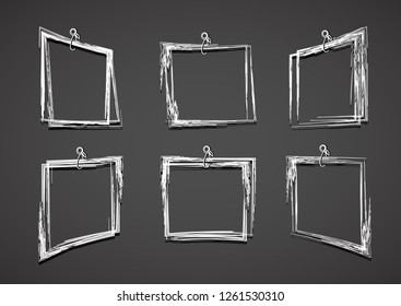 Grunge rectangles set. Set of Grunge White Frames. Hand drawn rectangles frames on black background. Abstract chalk elements. Grunge artistic design element, frames for text. Form concept for design.