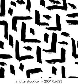 Grunge rectangles vector seamless pattern. Hand drawn brush strokes ornament. Ink illusatrtion, geometric abstract texture. Brush stroke, lines, stripes, rectangles backround. Black paint grid pattern