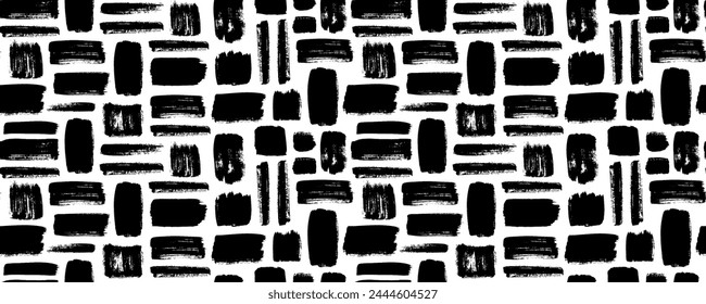 Grunge rectangles vector seamless pattern. Hand drawn brush strokes ornament. Ink illusatrtion, geometric abstract texture. Brush stroke, lines, stripes, rectangles backround. Black paint grid pattern