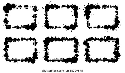 Grunge rectangular frames with a heavy, distressed ink splash texture. A set of modern, edgy border elements for posters and street art.