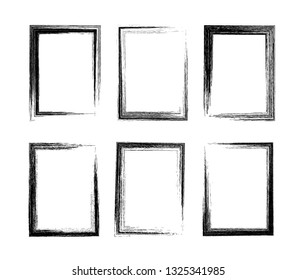Grunge rectangular frames. Set of 6 different hand drawn rectangle borders. Pencil stroke. Box for picture or text. Social media post layout. Vector illustration. Easy to edit template for your design