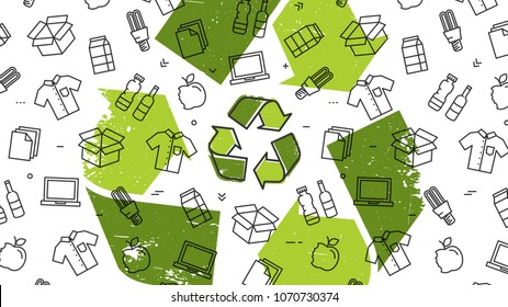 Grunge recycle sign with recyclable products vector illustration. Recyclable things to reuse: clothes, lamp, cardboard box, electronics, bottles, food, paper, etc.