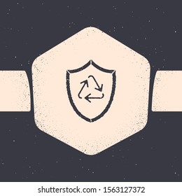 Grunge Recycle symbol inside shield icon isolated on grey background. Eco protection sign. Monochrome vintage drawing. Vector Illustration