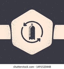 Grunge Recycling plastic bottle icon isolated on grey background. Monochrome vintage drawing. Vector Illustration