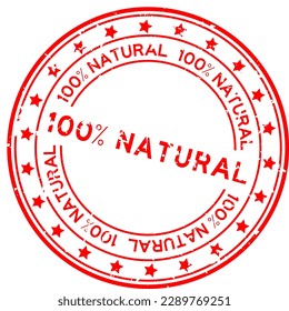 Grunge red 100 percent natural word round rubber seal stamp on white background